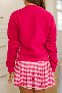 Girls: With The Cutest Fuchsia Gingham Love Patchwork Sweatshirt