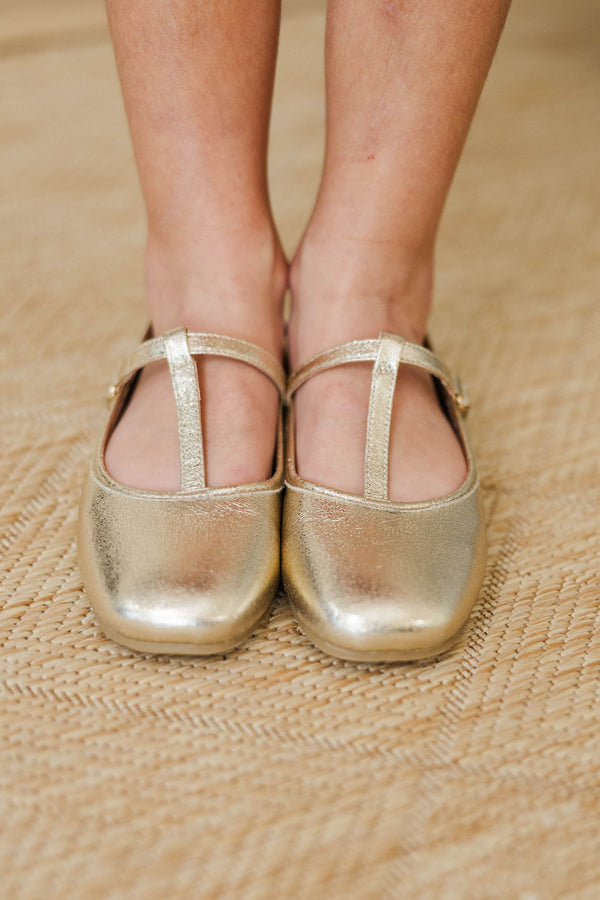 Girls: Twinkle Time Gold T-Strap Flat