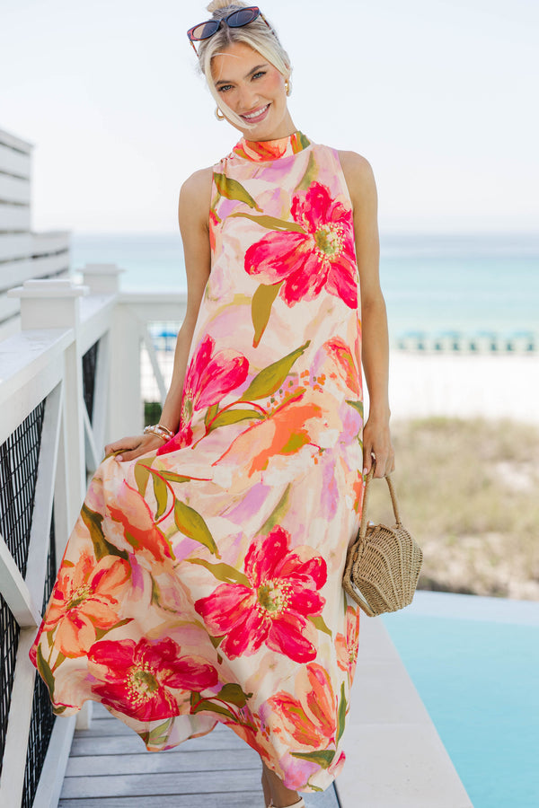 Looks Good On You Peach Large Floral Midi Dress