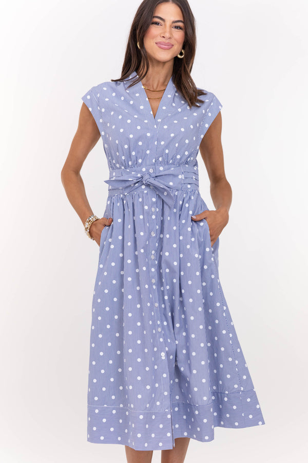 Sun’s Out Go-To Blue Polka Dot Midi Dress