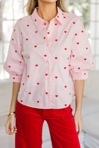 Happy Heart Pink Button Down Blouse