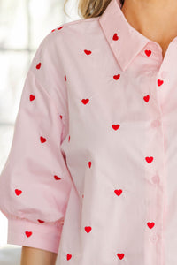 Happy Heart Pink Button Down Blouse