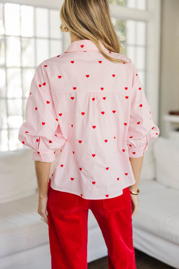 Happy Heart Pink Button Down Blouse