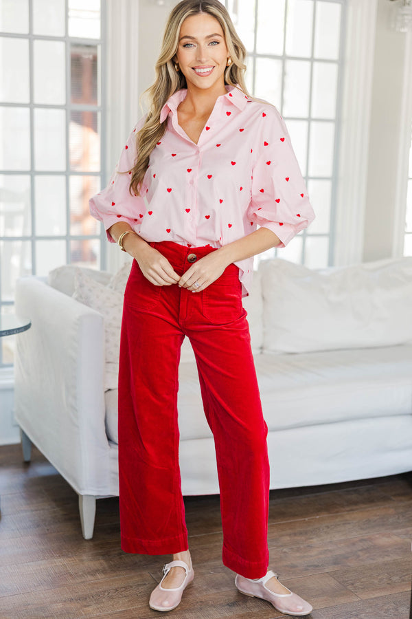 Happy Heart Pink Button Down Blouse
