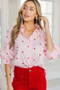 Happy Heart Pink Button Down Blouse