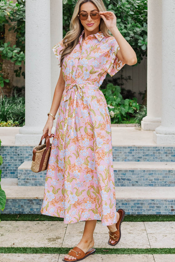 Relaxed Yet Polished Pink Floral Midi Dress