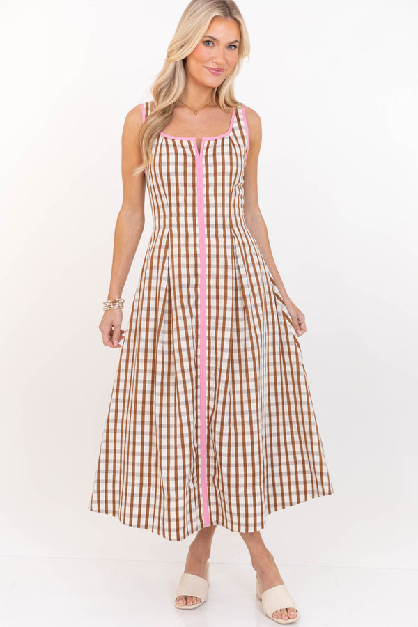 THML: Always Looks Right Brown Gingham Dress