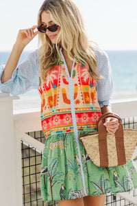 THML: Sunshine State Of Mind Green Mixed Print Babydoll Dress