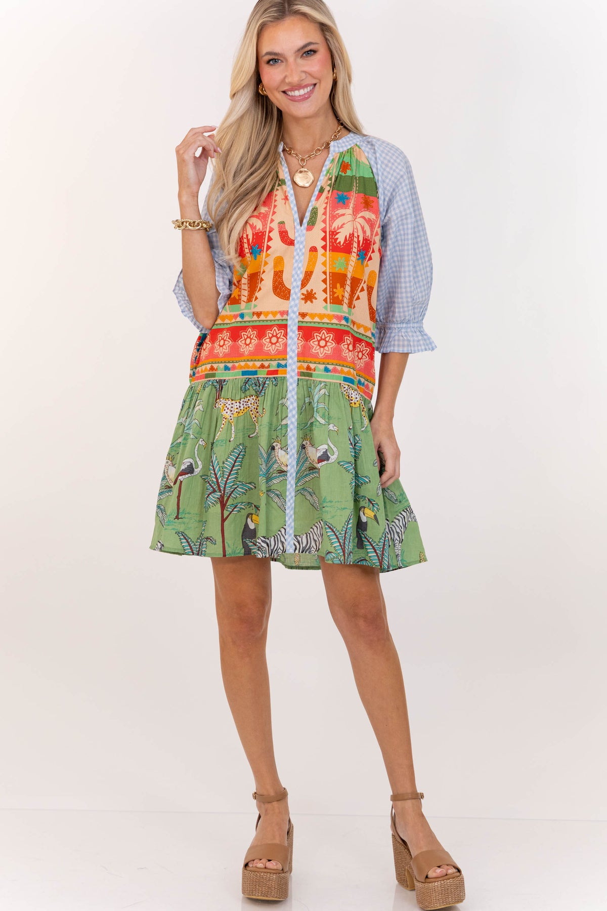 THML: Sunshine State Of Mind Green Mixed Print Babydoll Dress