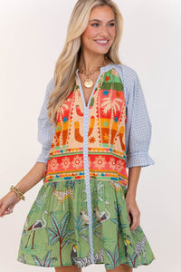 THML: Sunshine State Of Mind Green Mixed Print Babydoll Dress