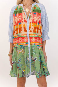 THML: Sunshine State Of Mind Green Mixed Print Babydoll Dress