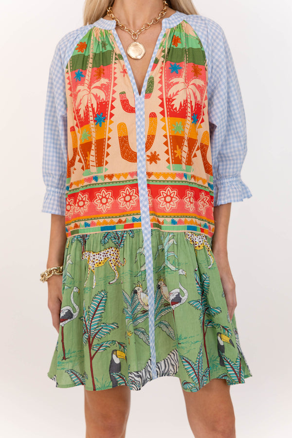 THML: Sunshine State Of Mind Green Mixed Print Babydoll Dress