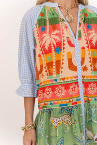 THML: Sunshine State Of Mind Green Mixed Print Babydoll Dress