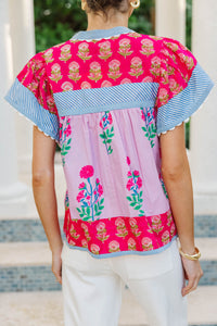 THML: Go Where You’re Happy Pink Mixed Print Blouse