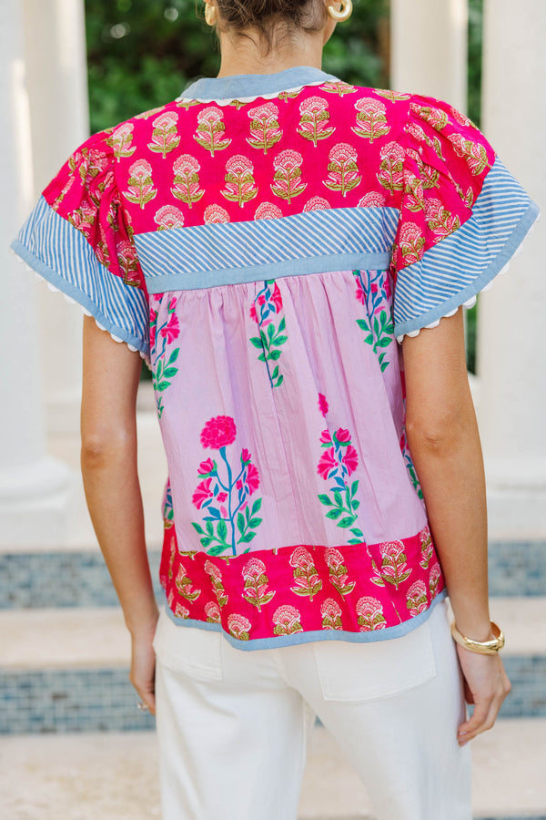 THML: Go Where You’re Happy Pink Mixed Print Blouse