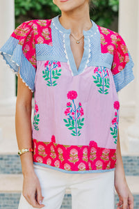 THML: Go Where You’re Happy Pink Mixed Print Blouse