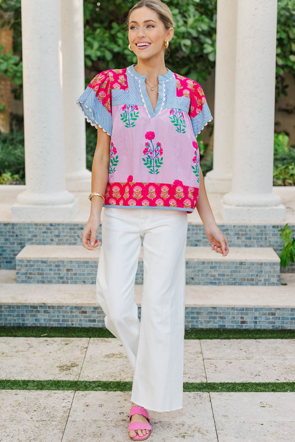 THML: Go Where You’re Happy Pink Mixed Print Blouse