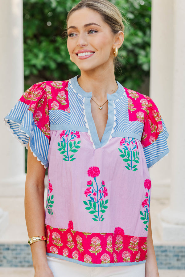 THML: Go Where You’re Happy Pink Mixed Print Blouse