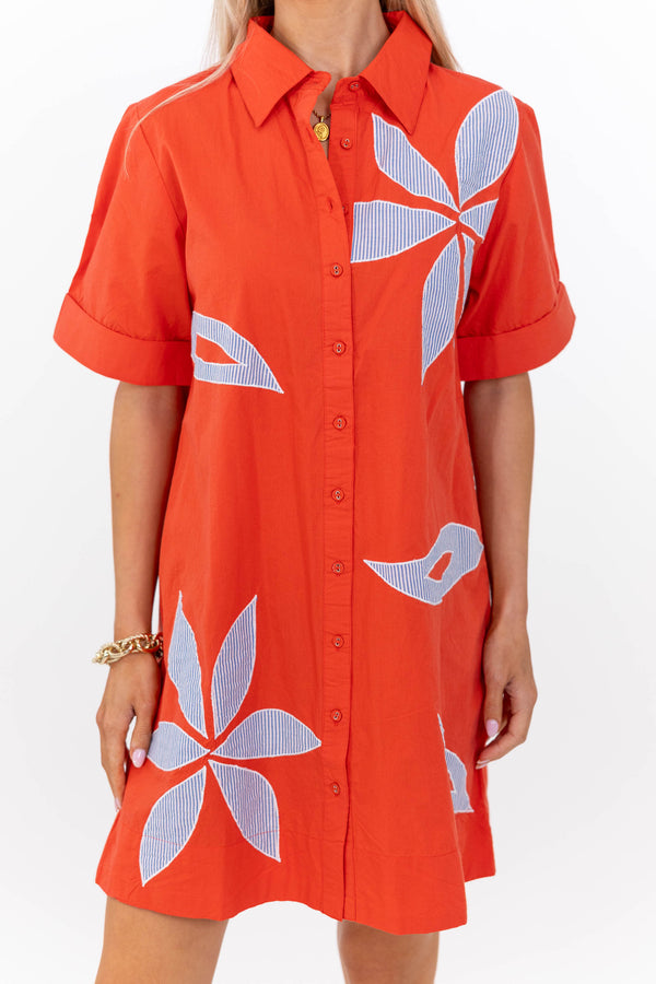 THML: Effortlessly Refined Red Large Floral Shift Dress