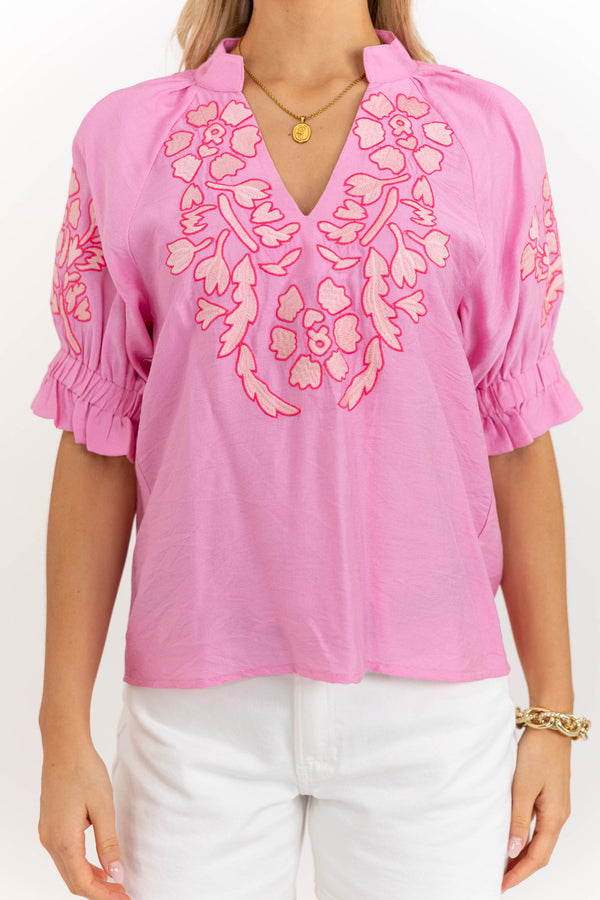 THML: Too Cute To Miss Pink Embroidered Blouse