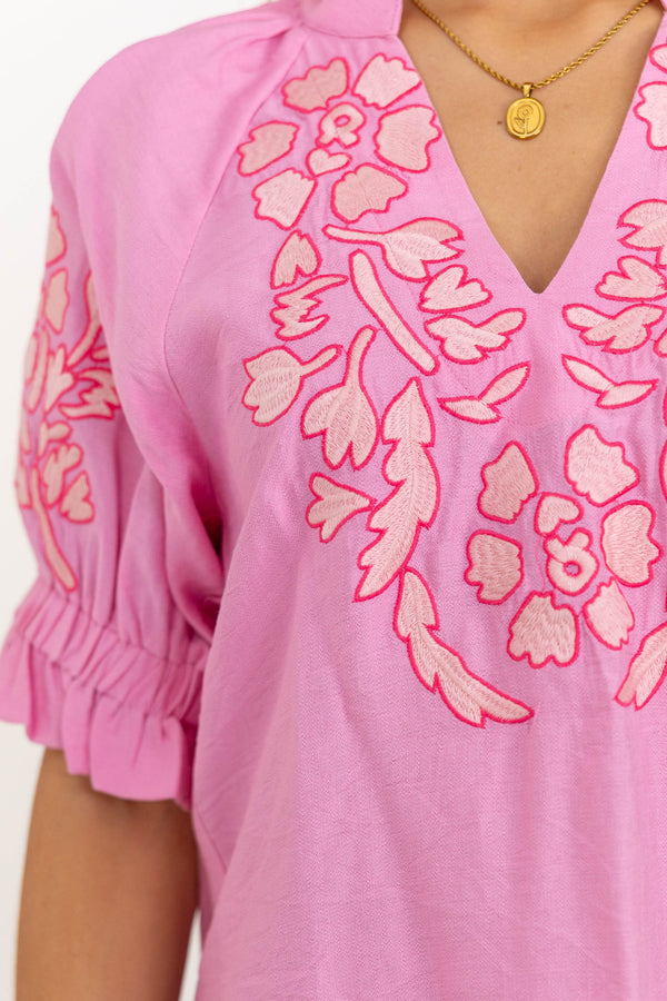 THML: Too Cute To Miss Pink Embroidered Blouse