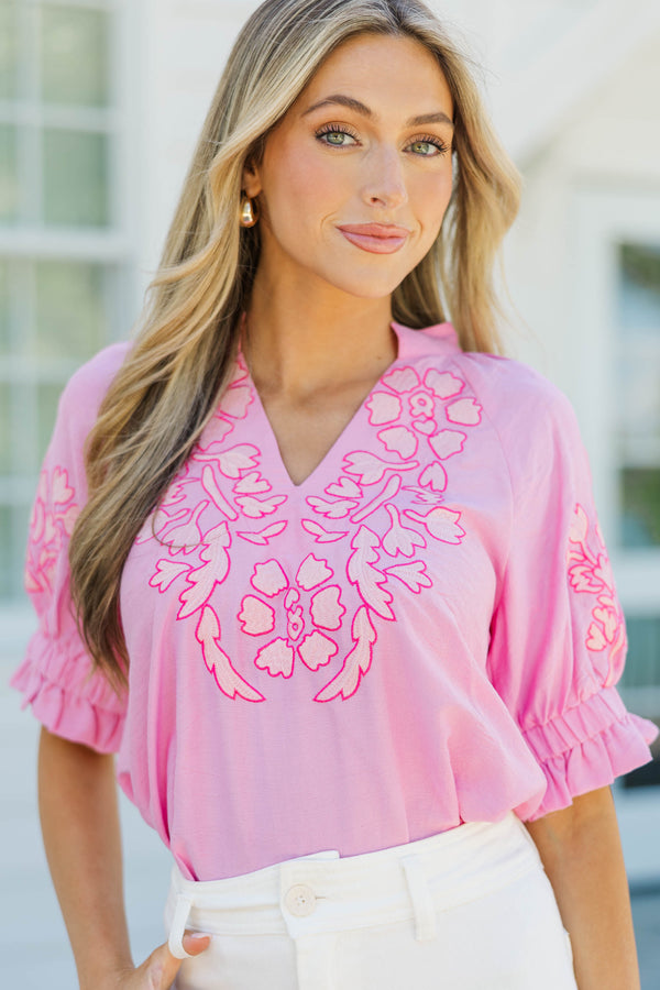 THML: Too Cute To Miss Pink Embroidered Blouse