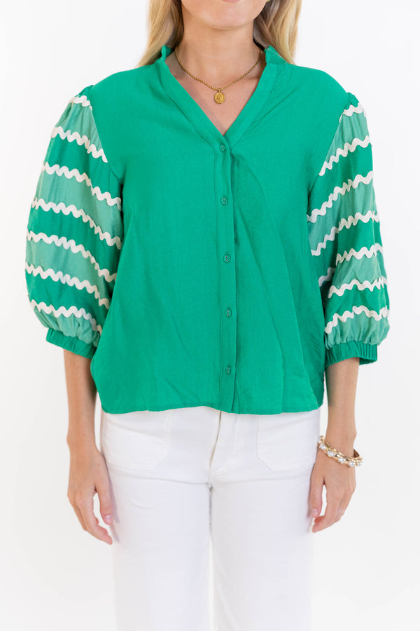 THML: Reach For It Again Green Embroidered Blouse
