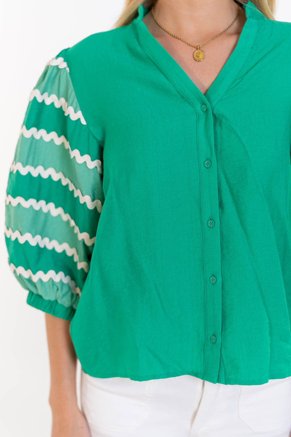 THML: Reach For It Again Green Embroidered Blouse
