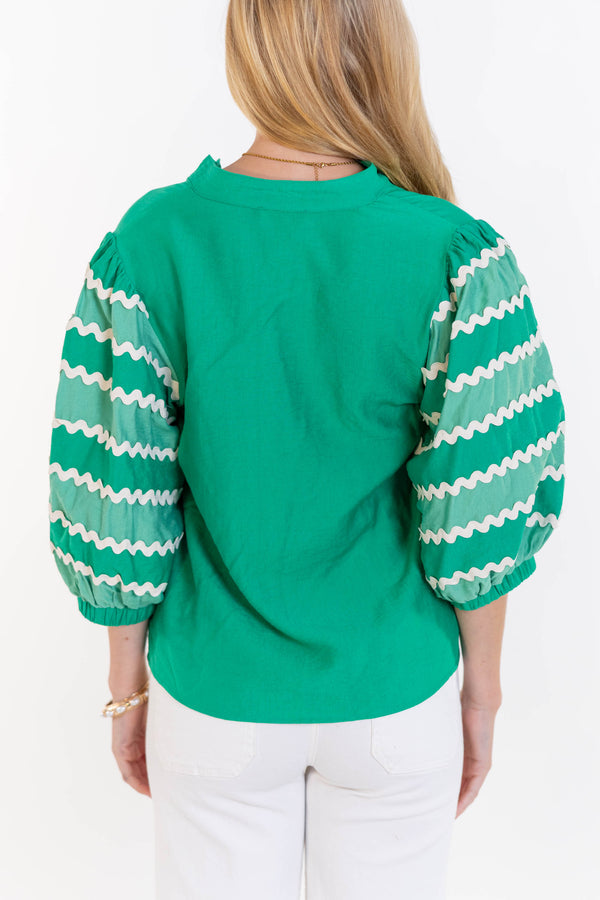 THML: Reach For It Again Green Embroidered Blouse