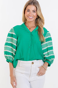 THML: Reach For It Again Green Embroidered Blouse