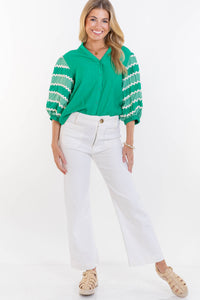 THML: Reach For It Again Green Embroidered Blouse