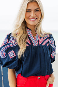 THML: Go Anywhere Navy Embroidered Blouse