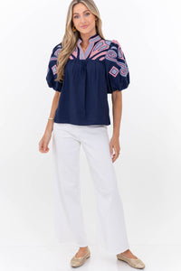 THML: Go Anywhere Navy Embroidered Blouse