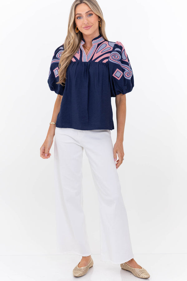 THML: Go Anywhere Navy Embroidered Blouse