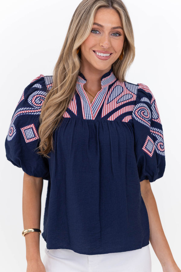 THML: Go Anywhere Navy Embroidered Blouse