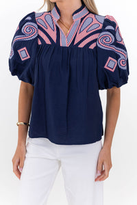 THML: Go Anywhere Navy Embroidered Blouse