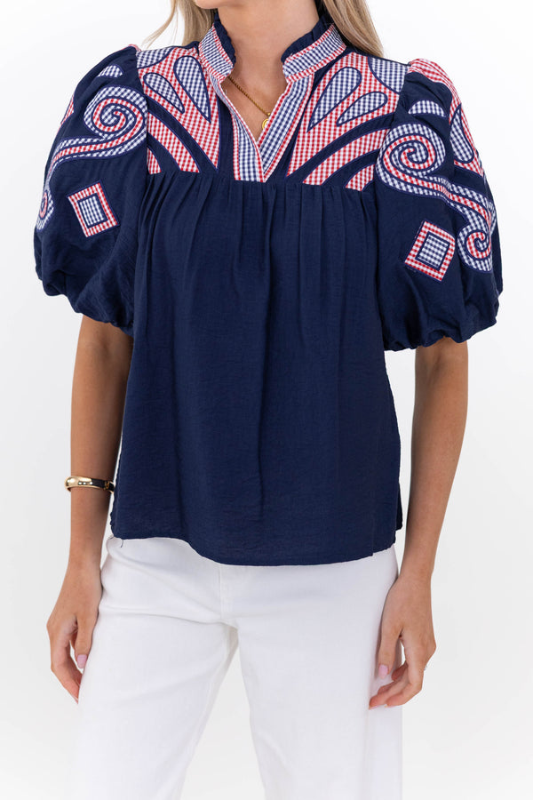 THML: Go Anywhere Navy Embroidered Blouse