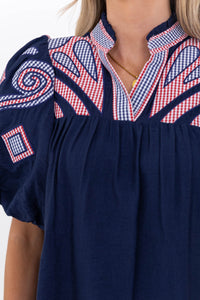 THML: Go Anywhere Navy Embroidered Blouse