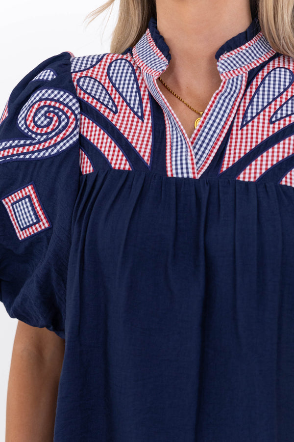 THML: Go Anywhere Navy Embroidered Blouse