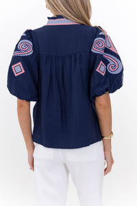 THML: Go Anywhere Navy Embroidered Blouse