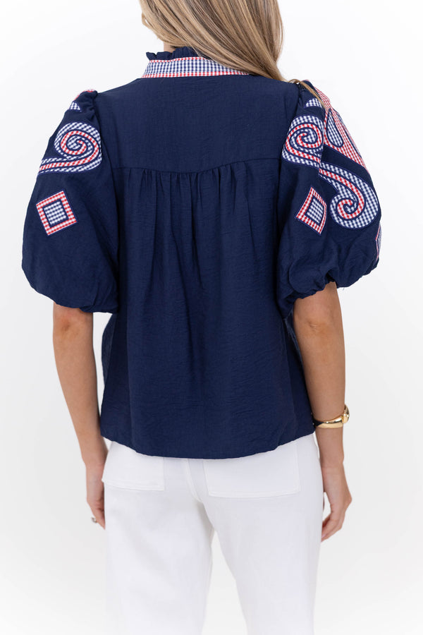 THML: Go Anywhere Navy Embroidered Blouse