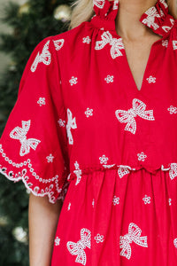 Feeling Your Best Red Bow Eyelet Dress
