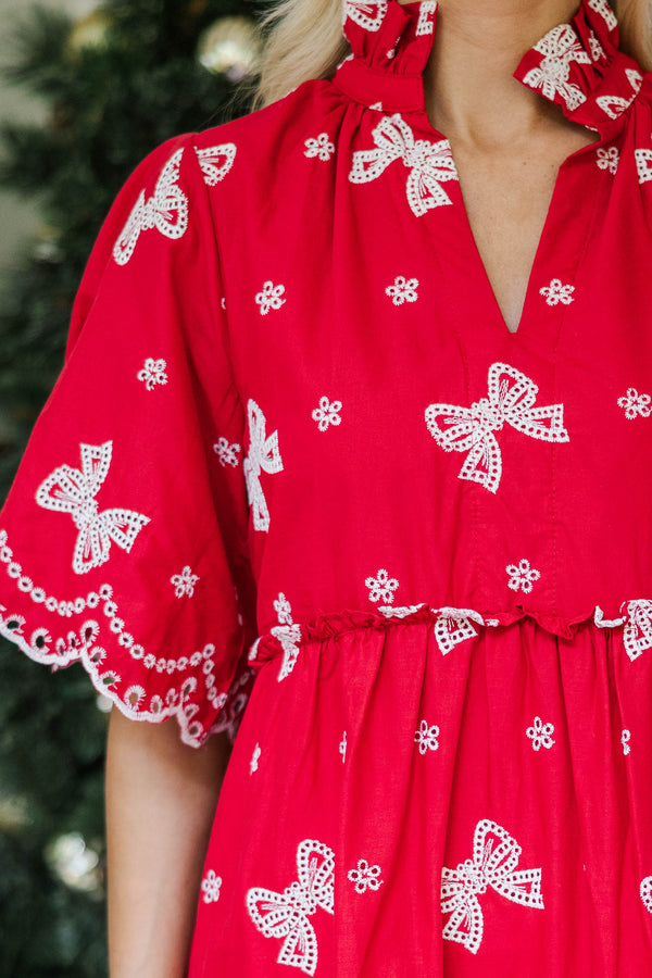 Feeling Your Best Red Bow Eyelet Dress