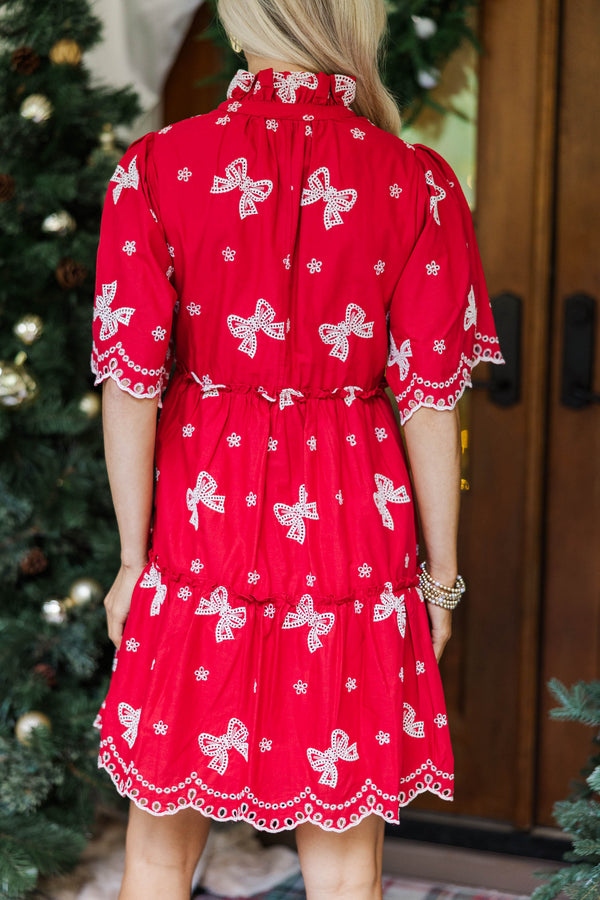 Feeling Your Best Red Bow Eyelet Dress