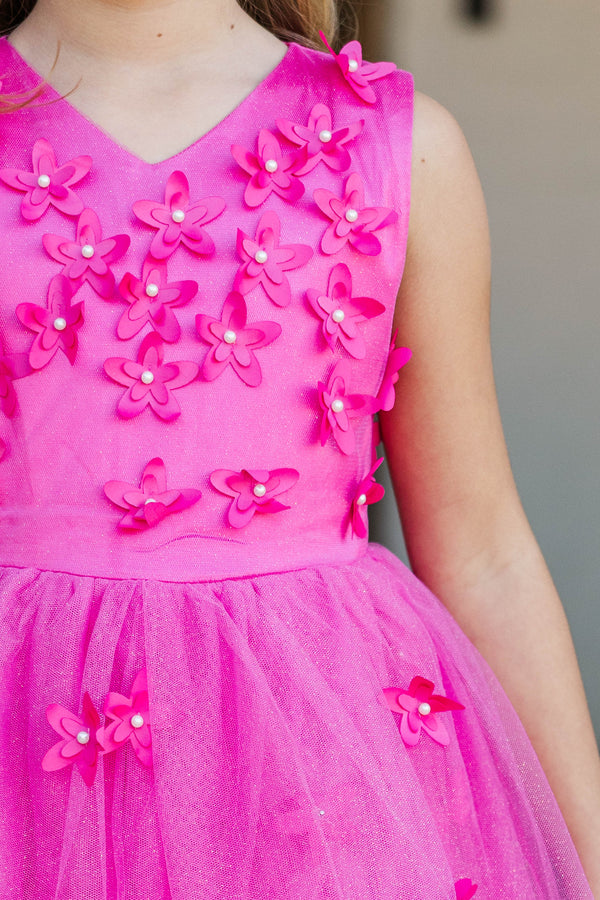 Girls: Eyes On Me Fuchsia Beaded Tulle Midi Dress