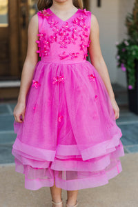 Girls: Eyes On Me Fuchsia Beaded Tulle Midi Dress