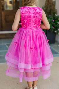 Girls: Eyes On Me Fuchsia Beaded Tulle Midi Dress
