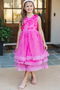 Girls: Eyes On Me Fuchsia Beaded Tulle Midi Dress