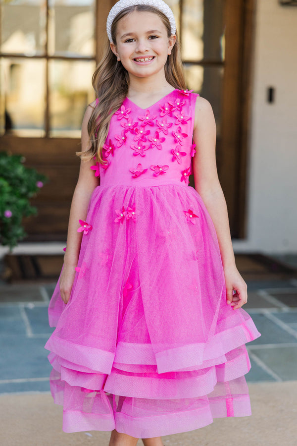 Girls: Eyes On Me Fuchsia Beaded Tulle Midi Dress