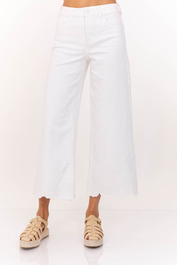Charmed Cream Embroidered Wide Leg Jeans